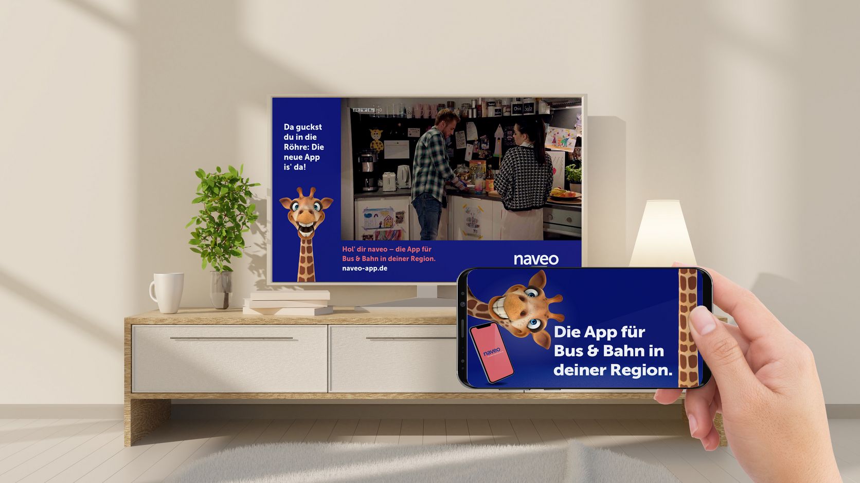 Wir sehen die digitalen Werbemaßnahmen für die naveo-App: Targeting, Social Media-Werbung und die naveo-Homepage.